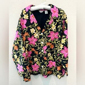 LAURA ASHLEY | Woman Silk Floral Embroidered Blouse Black Pink Boho | Size 2X